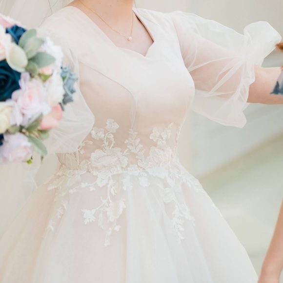 Custom Wedding Dress! Soft Blush w/Tulle Overlay, Sleeve (modest, LDS) - Picture 7 of 14